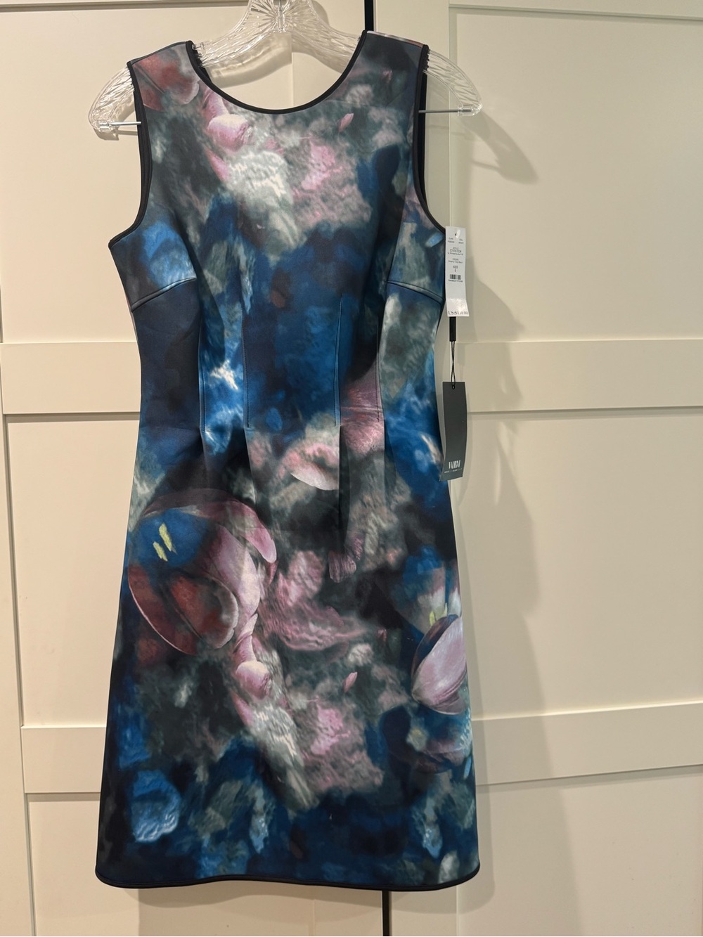 WHBM Scuba Blue and Pink Watercolor Sleeveless Midi Dress; US 4.
